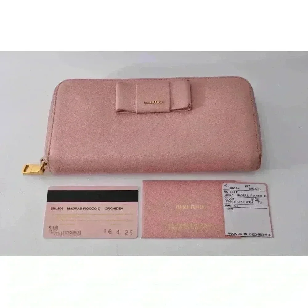 MIU MIU Ribbon Long Wallet Leather Pink Gold Zip Women Used Auth w/Card 8C11191 - Picture 13 of 15